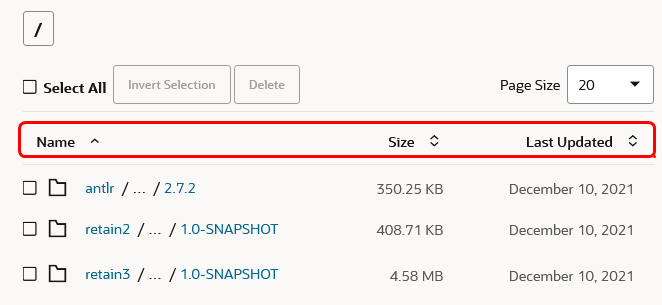 Maven Browse page showing three columns (Name, Size, Last Updated) that can be sorted in ascending or descending order by using the up and down arrows in each column