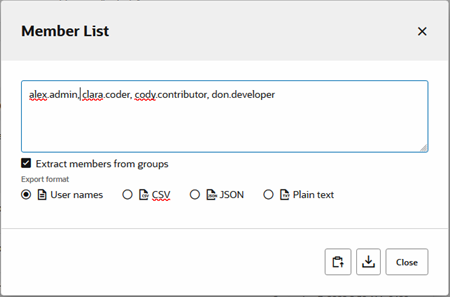 The initial Member List panel shows the four project members (alex.admin, clara.coder, cody.contributor, and don.developer). The Extract members from groups checkbox is selected (default). The User names radio button is also selected (default).