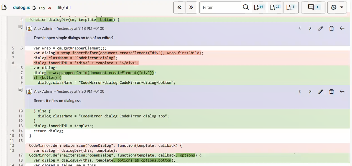 Code editor window showing dialog.js with two comments.