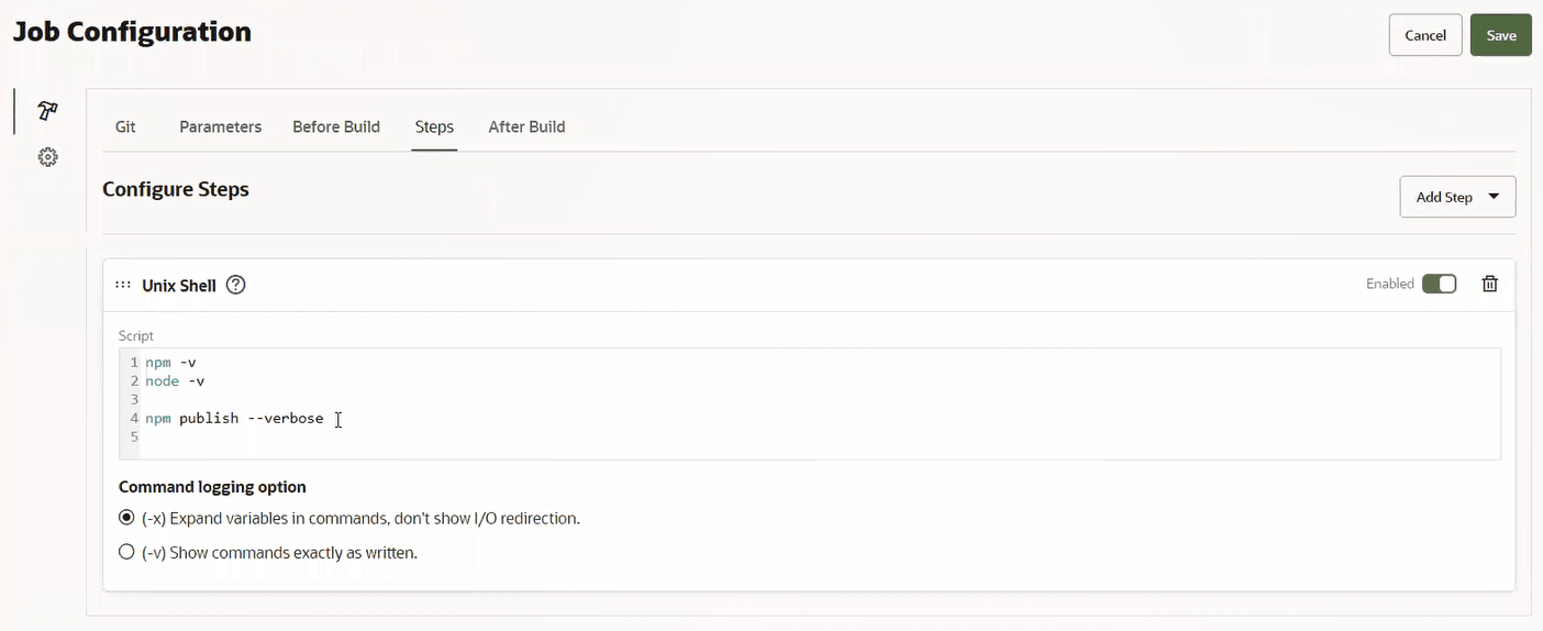 Description of npm-job-config-unix-shell-build-step.png follows