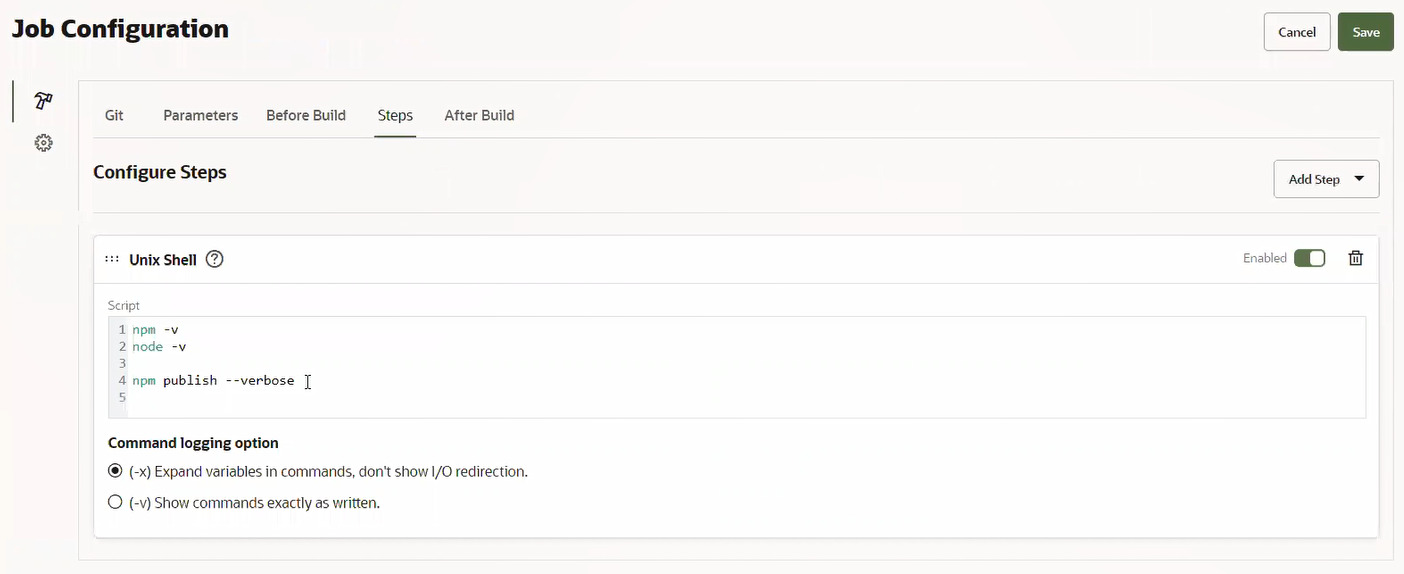 Description of npm_job_config_unix_shell_build_step.png follows