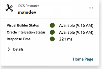 Oracle Integration service instance details for OICINST_maindev in the Service Instances tab