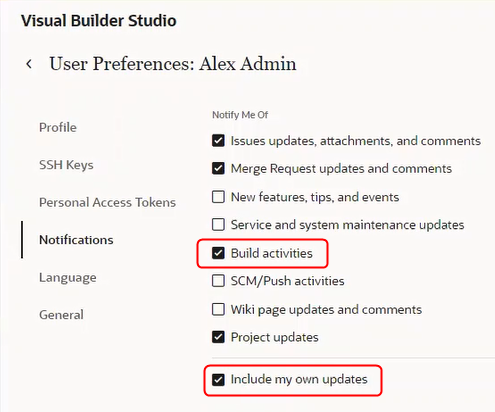 The Notifications tab under User Preferences for Alex Admin. The Build activities and Include my own updates check boxes are selected. Other check boxes (Issues updates, attachments, comments; Merge Request updates and comments; Project updates) are also selected.