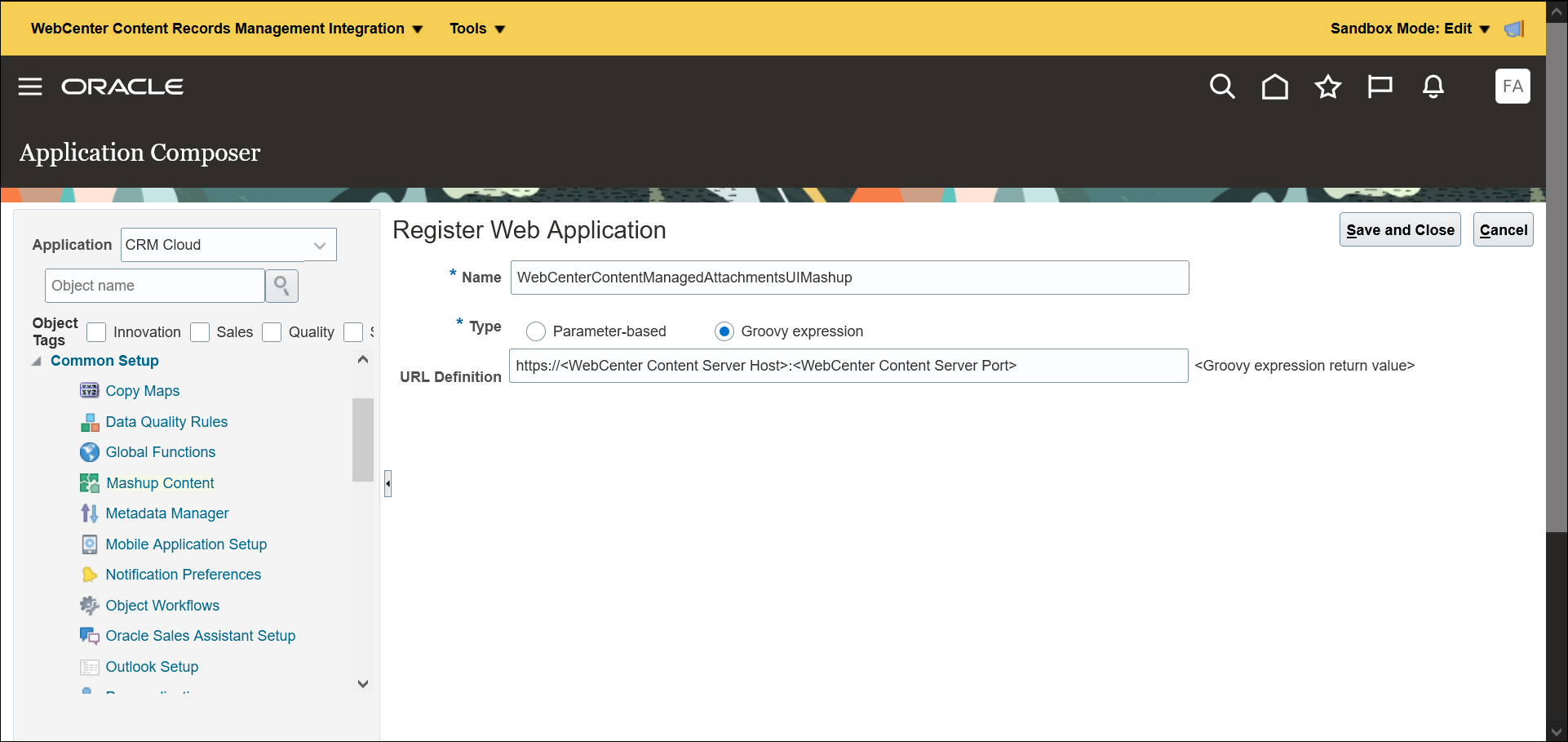 The image shows the Register Web Application page with fields such as Name, Type, and URL Definition.