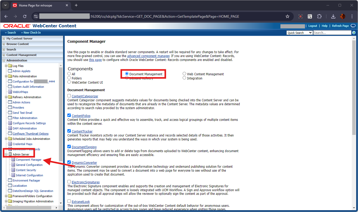 This image shows the WebCenter Content Component Manager Page.