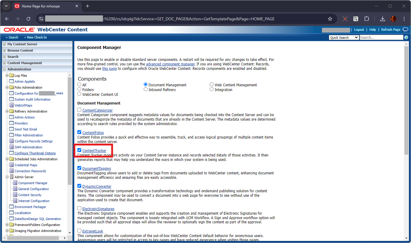 This image shows the WebCenter Content Component Manager Page.