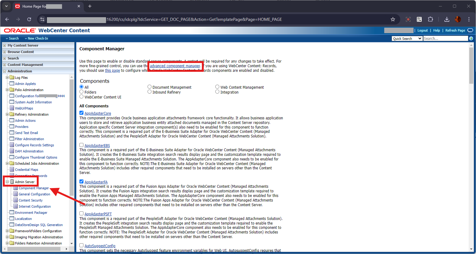 This image shows the WebCenter Content Component Manager Page.