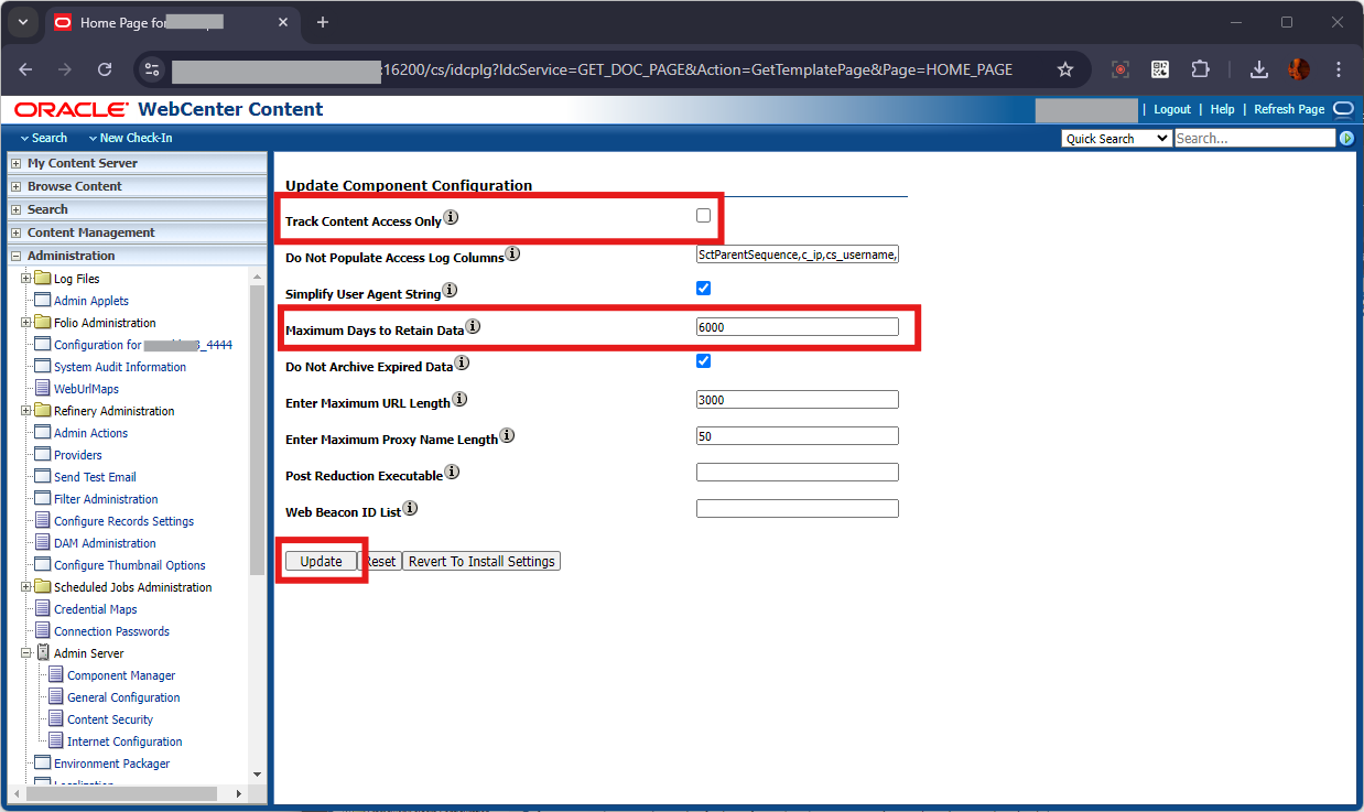 This image shows the WebCenter Content Advanced Component Manager Page.