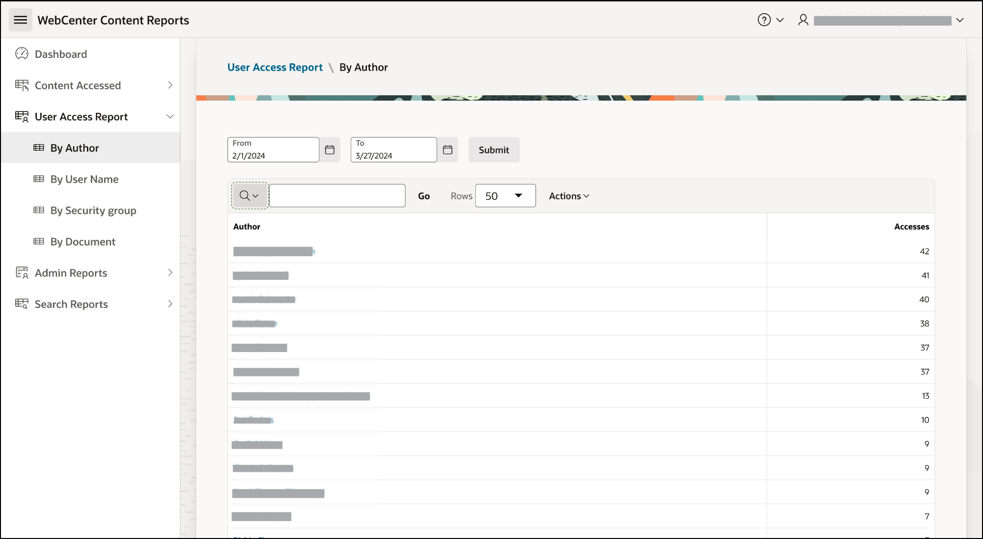 This image shows the User Access Report by author report for WebCenter Content.