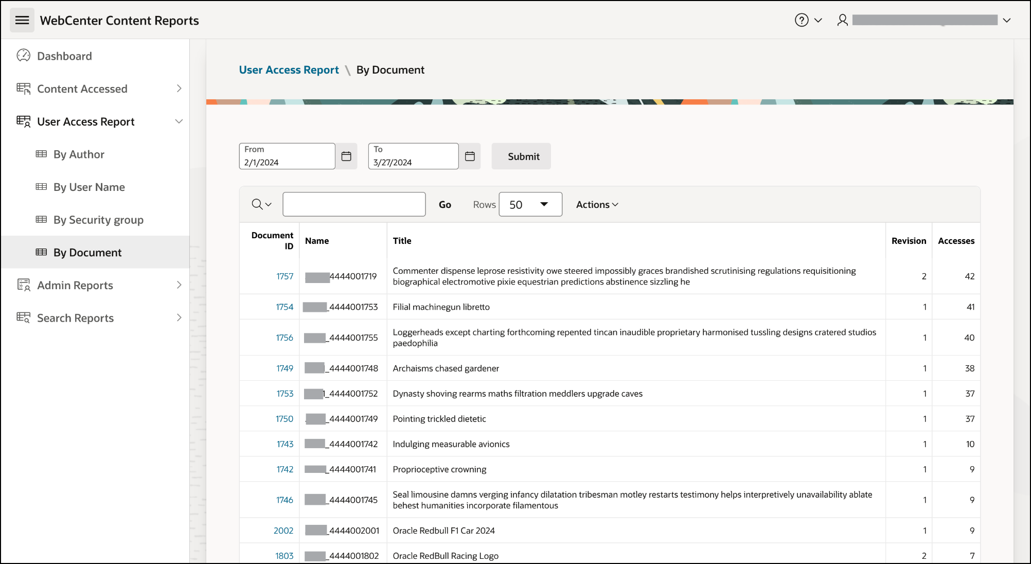 This image shows the User Access Report by document report for WebCenter Content.