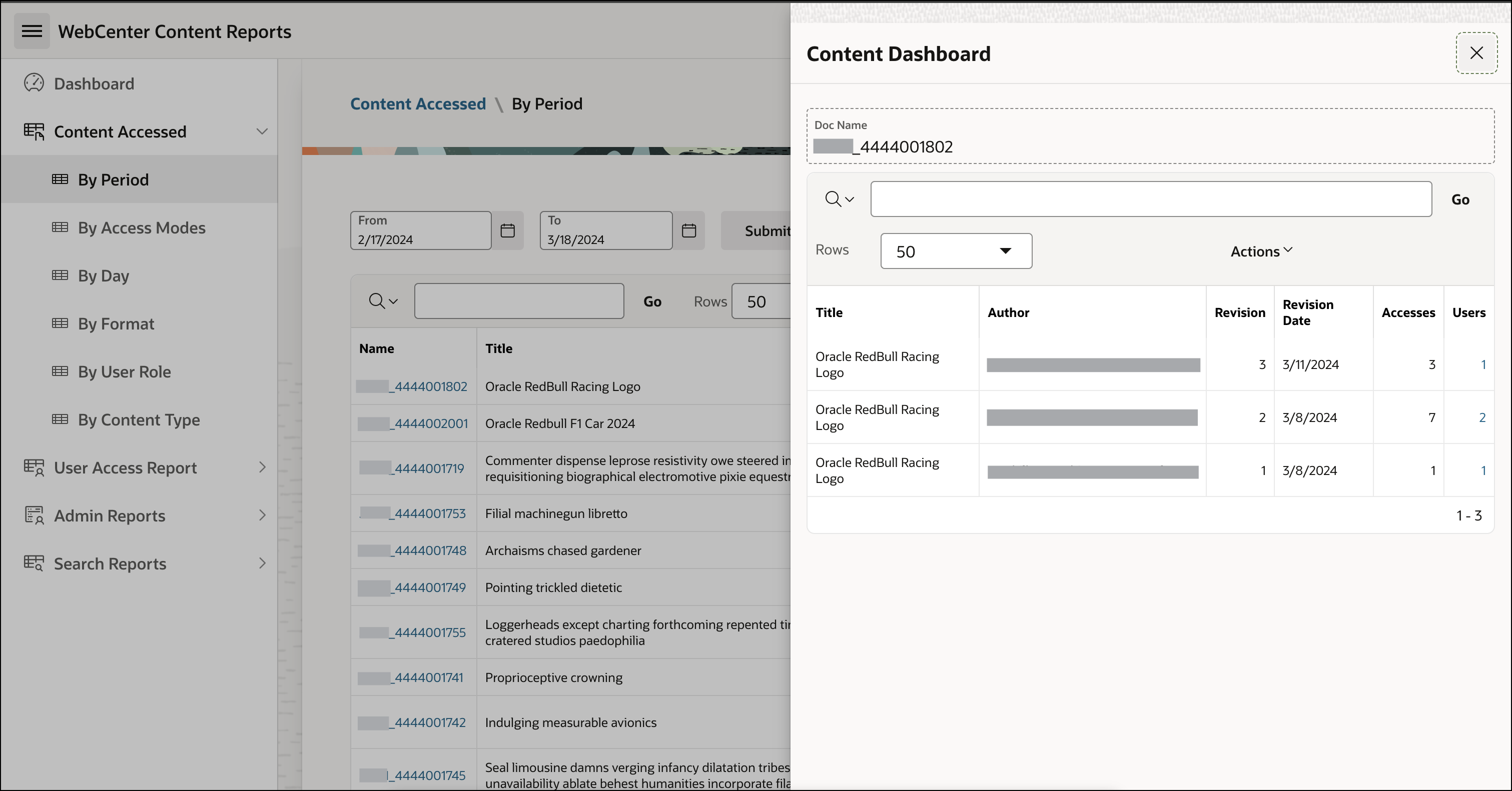 This image shows the Content dashboard drawer opened using Most accessed content by period report for WebCenter Content.