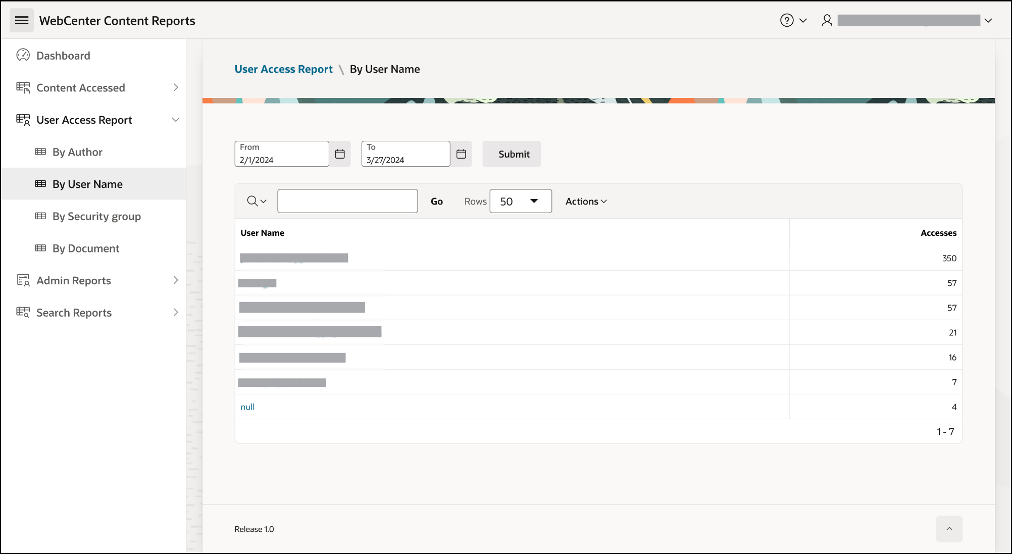 This image shows the User Access Report by user name report for WebCenter Content.