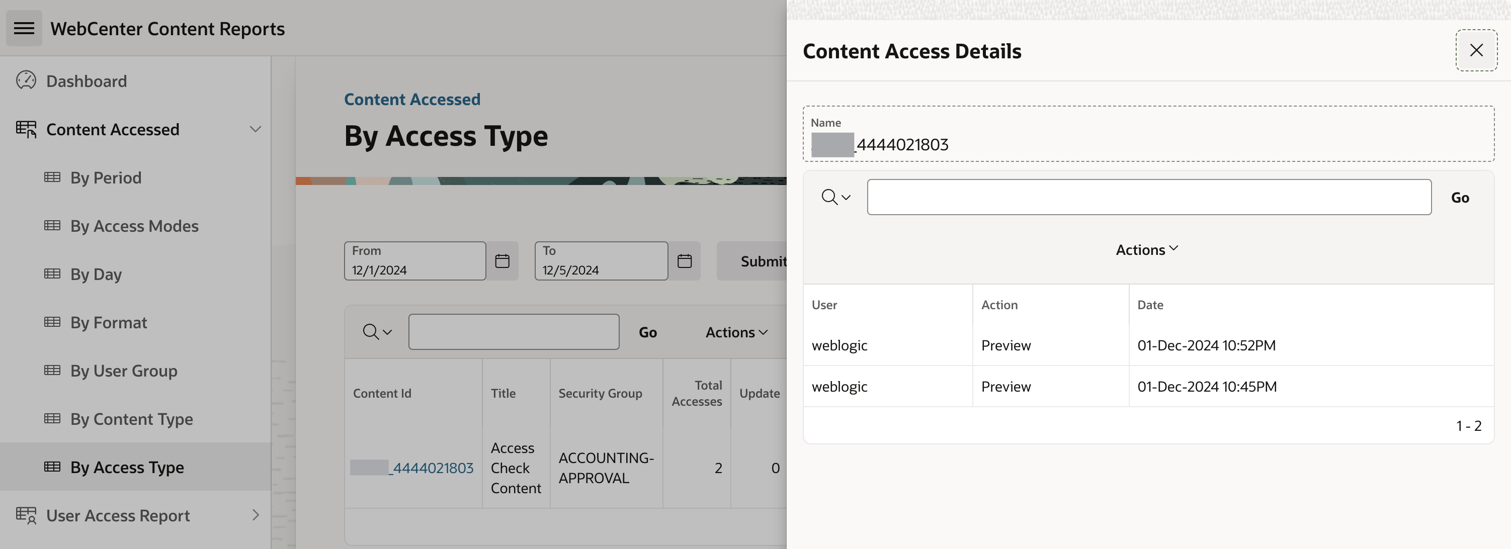 This image shows the Content Accessed by access types details drawer opened using Content Accessed by access types report for WCC Content.
