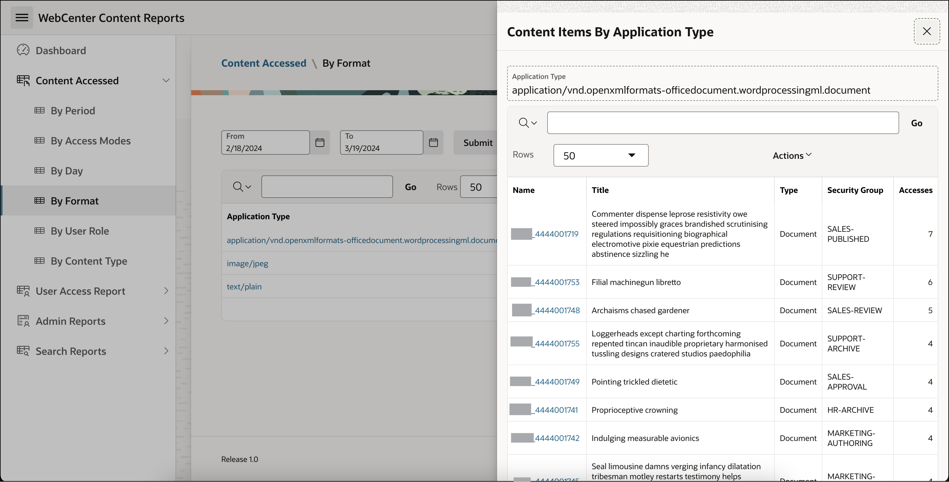 This image shows the Content items by application types drawer opened using Most accessed content by format report for WebCenter Content.
