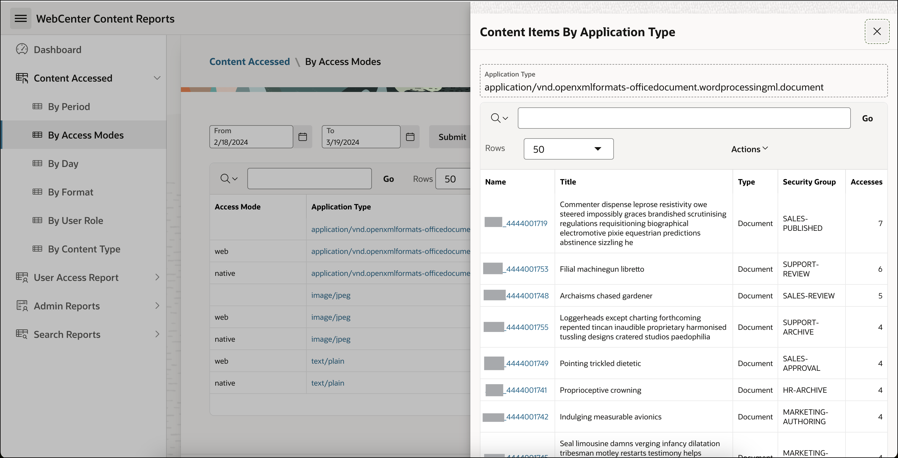 This image shows the Content items by application types drawer opened using Most accessed content by access modes report for WebCenter Content.
