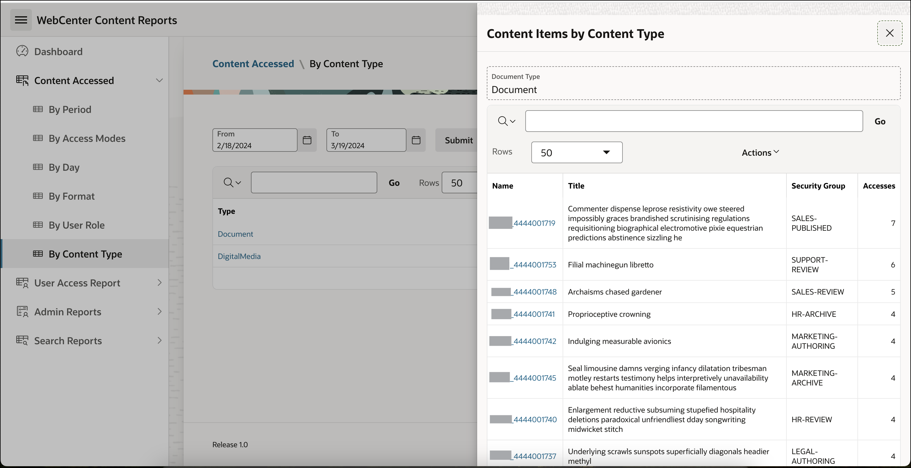 This image shows the Content items by content types drawer opened using Most accessed content by content types report for WebCenter Content.