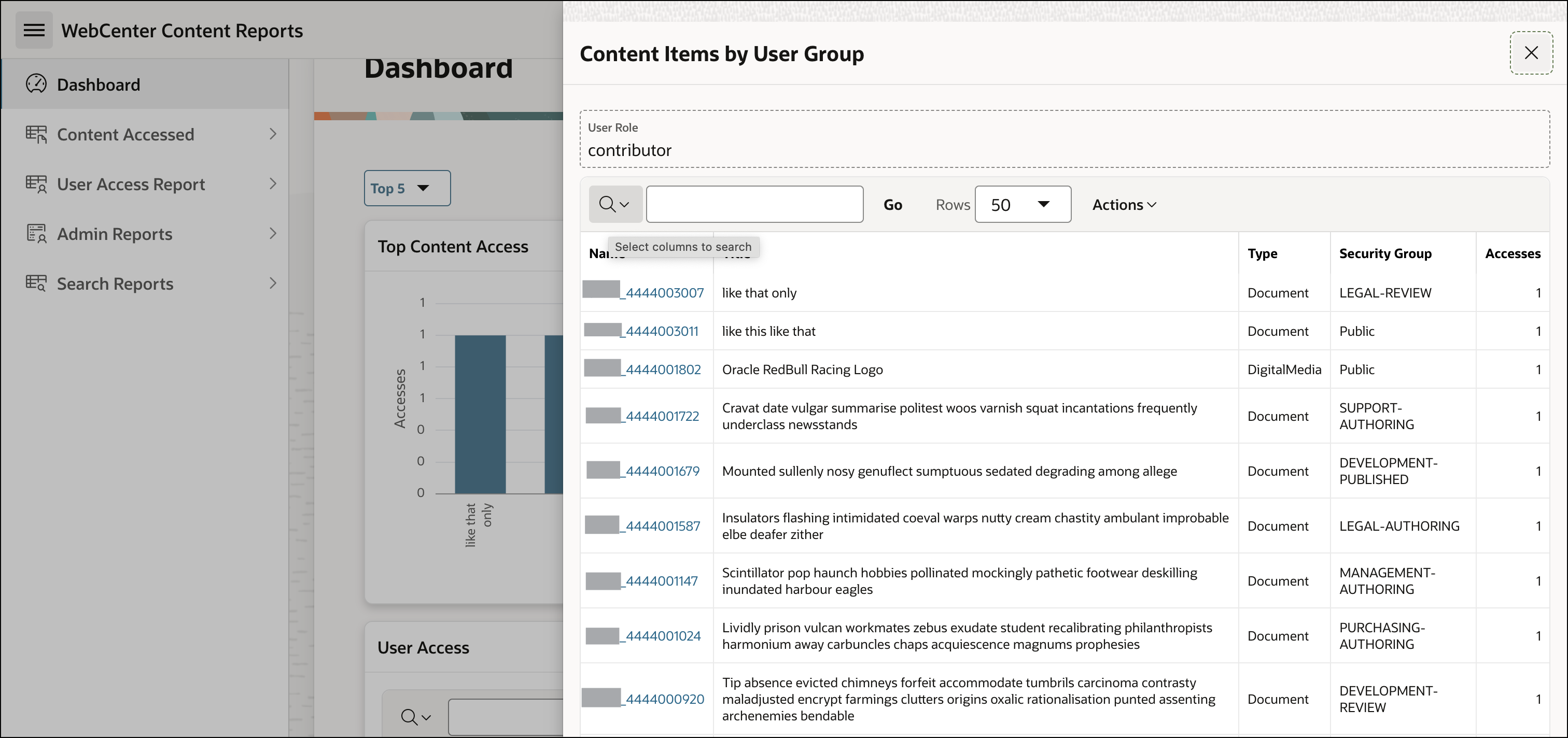 This image shows the Content items by user group drawer opened using Content Access by user group chart in WebCenter Content Report homepage.