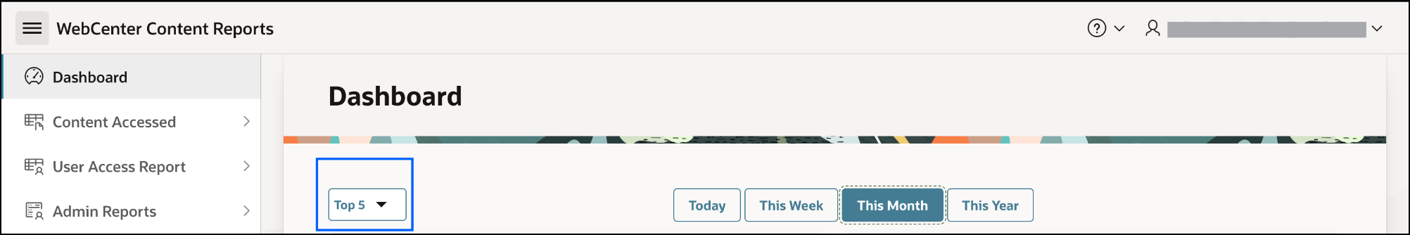 This image shows the WebCenter Content Report homepage top filter.