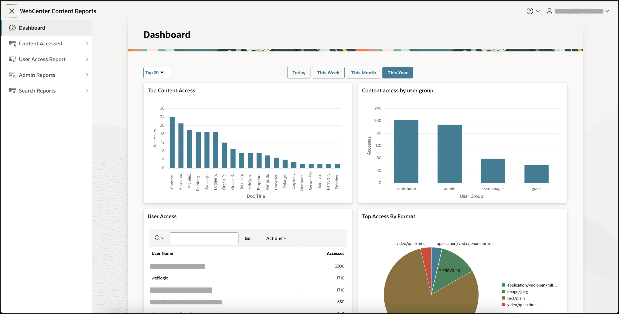 This image shows the WebCenter Content Report homepage with hamburger menu in expanded view.