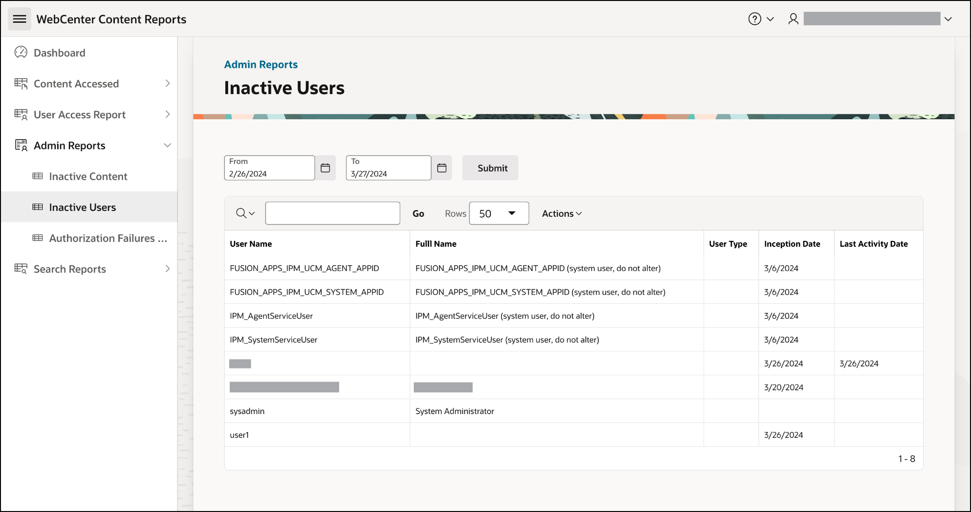This image shows the Inactive users report.