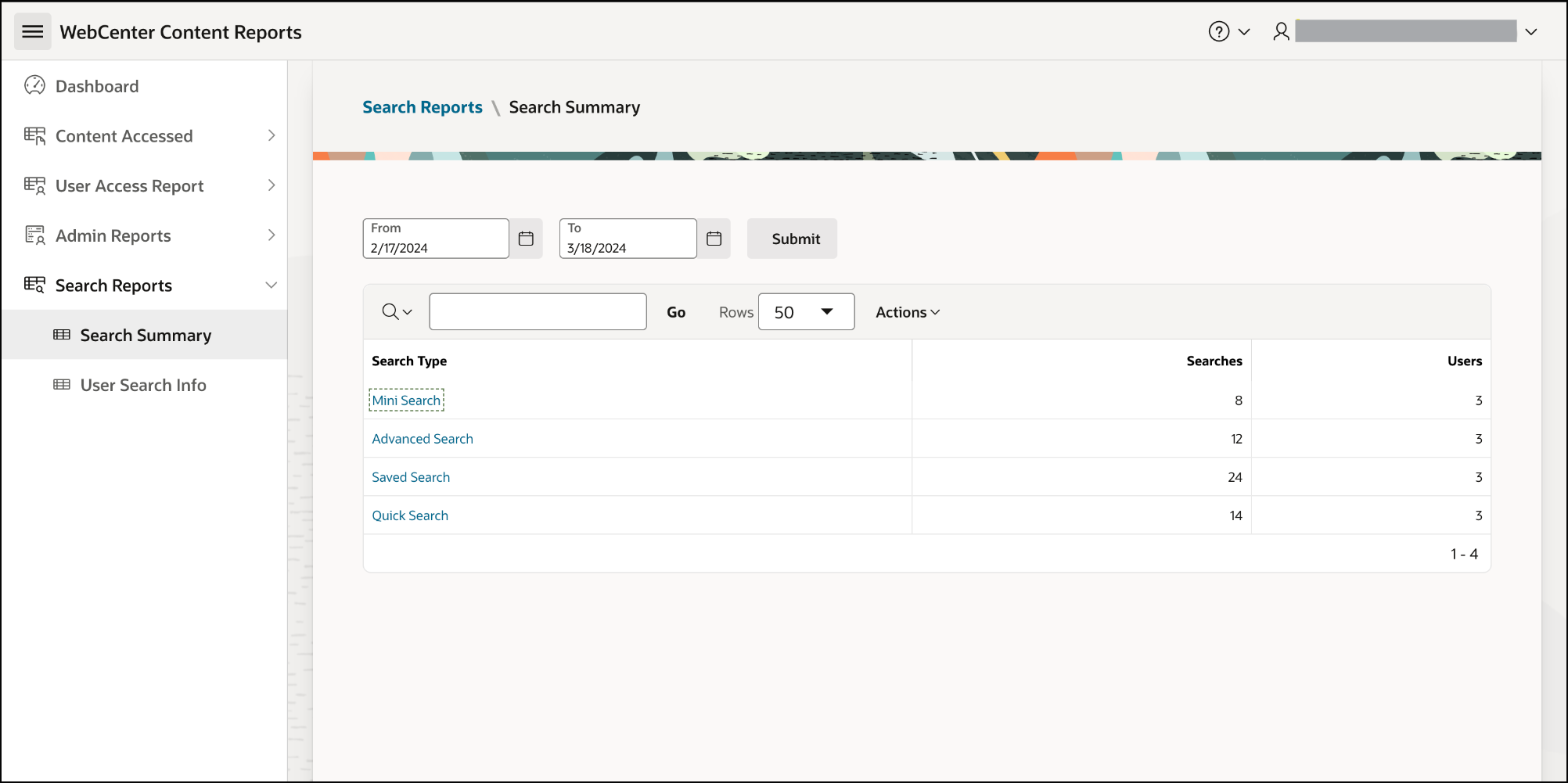 This image shows the Search summary report for WebCenter Content.