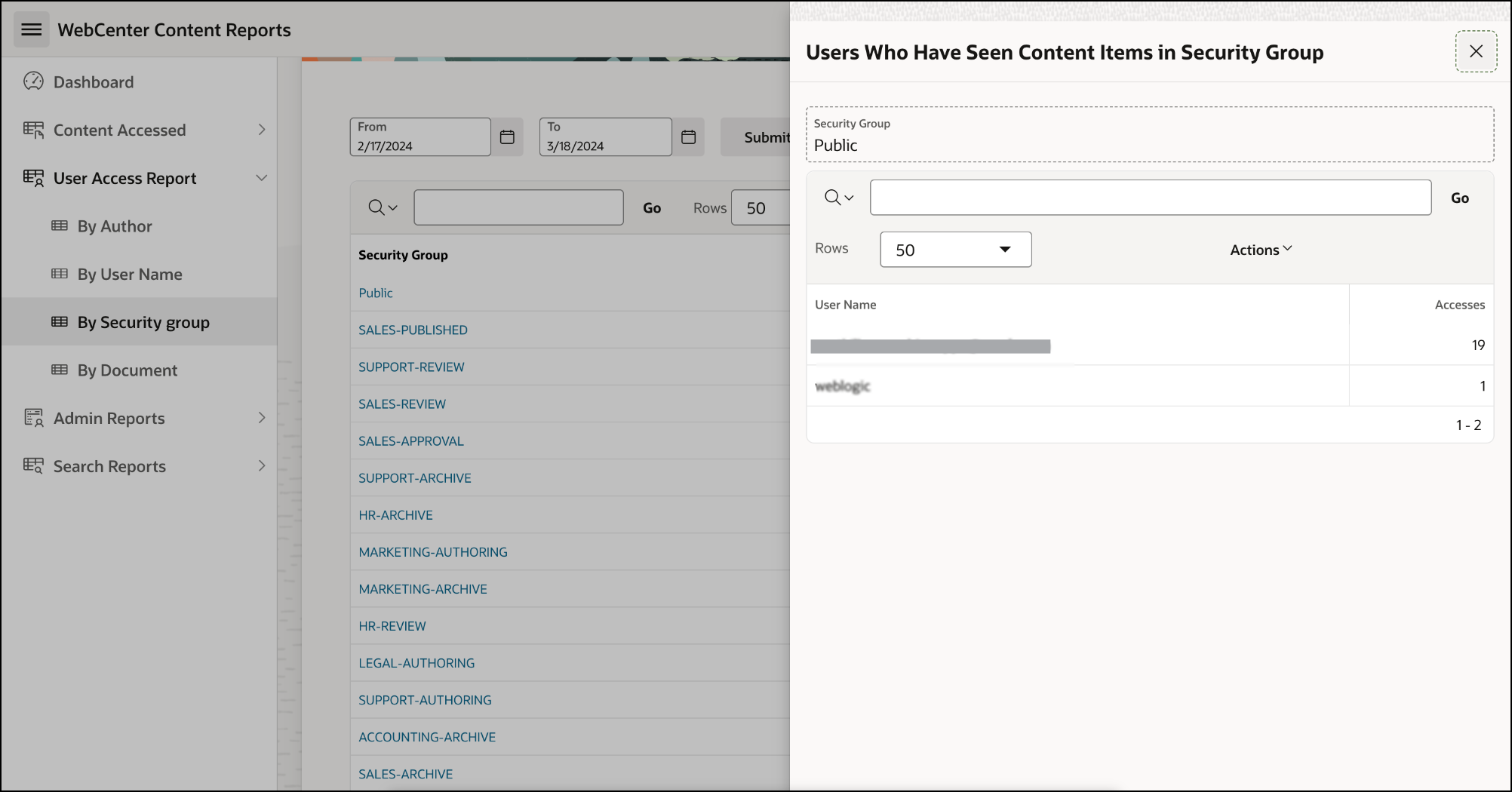 This image shows the List of users who have seen content in security group drawer opened using User Access Report by security group report for WebCenter Content.