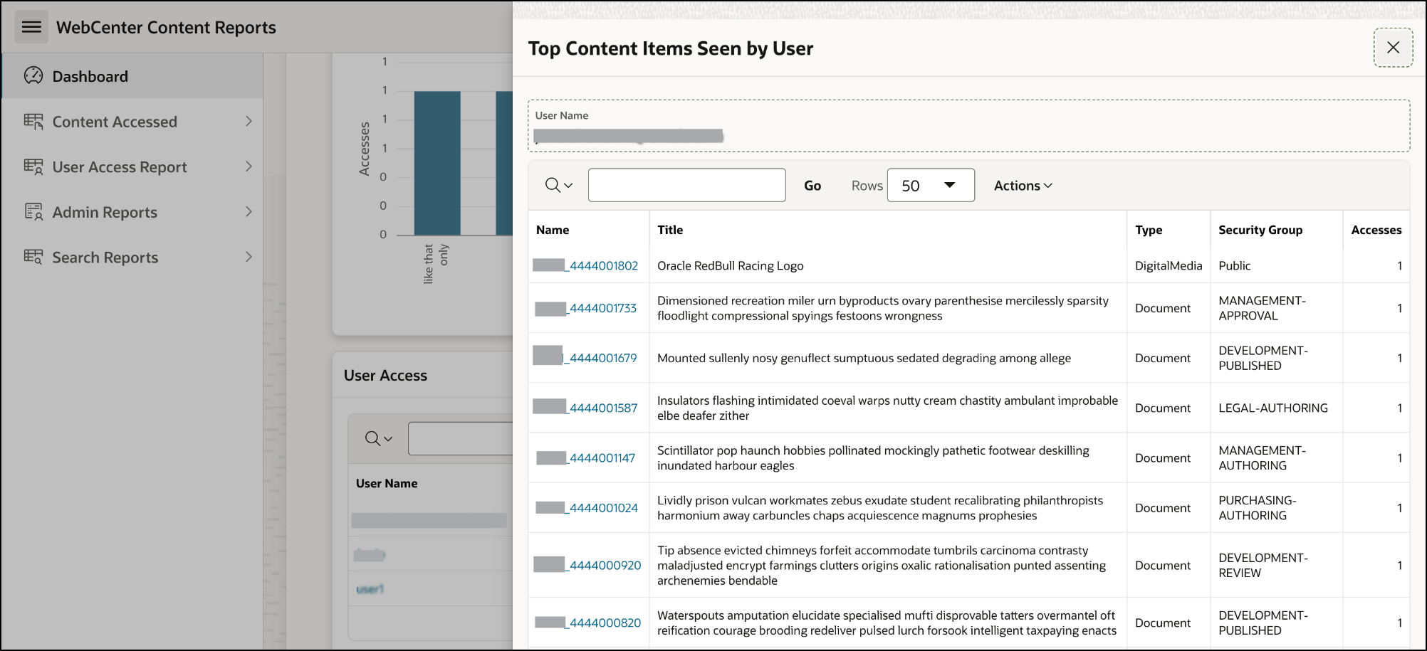 This image shows the Top Content items seen by user drawer opened using User Access chart in WebCenter Content Report homepage.
