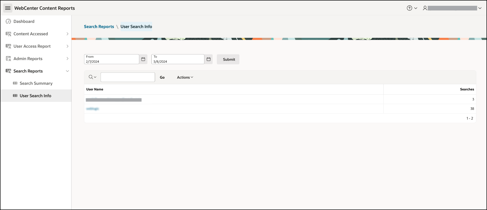 This image shows the User search info report for WebCenter Content.
