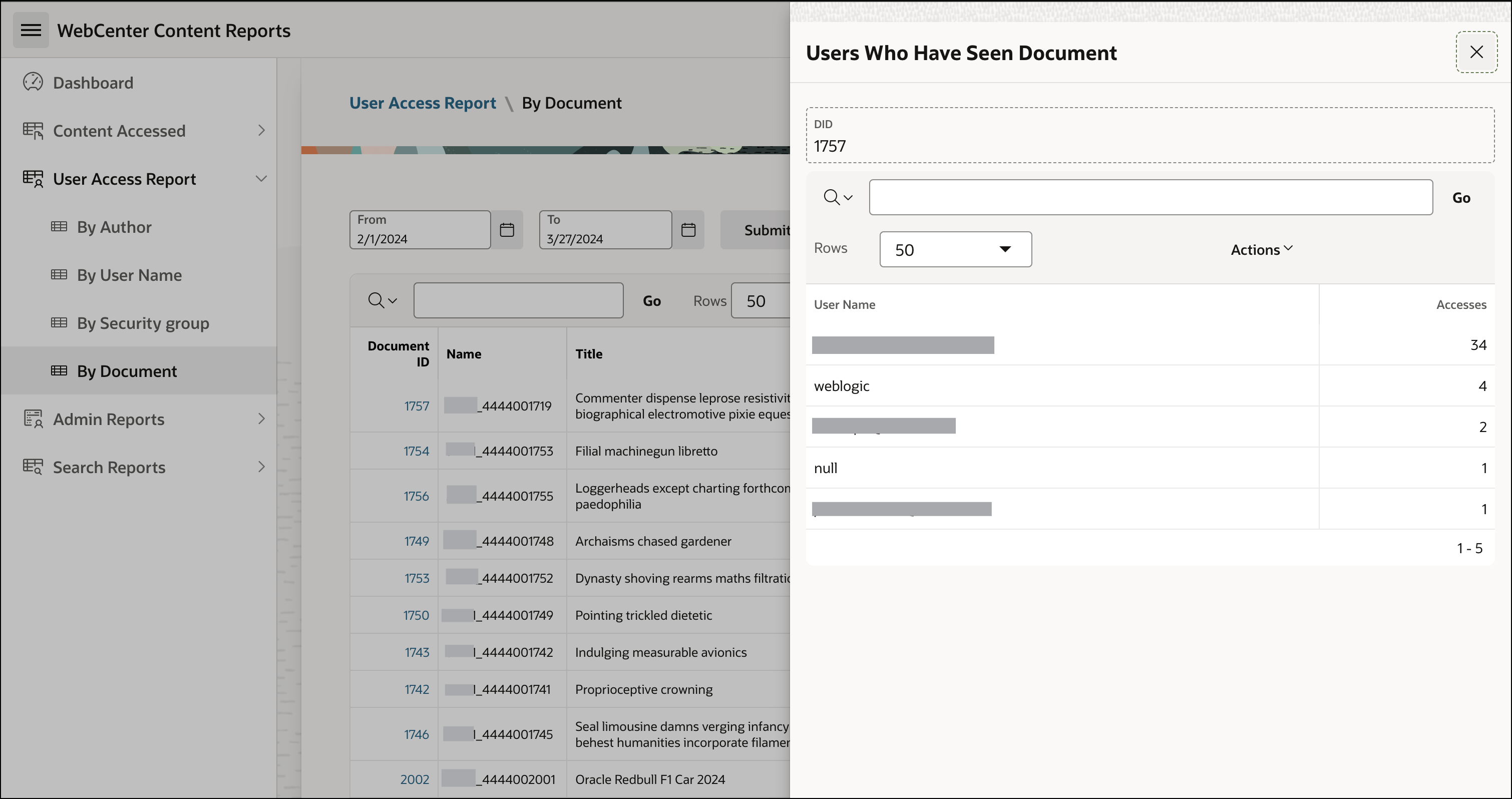This image shows the List of users who have seen documents drawer opened using User Access Report by document report for WebCenter Content.