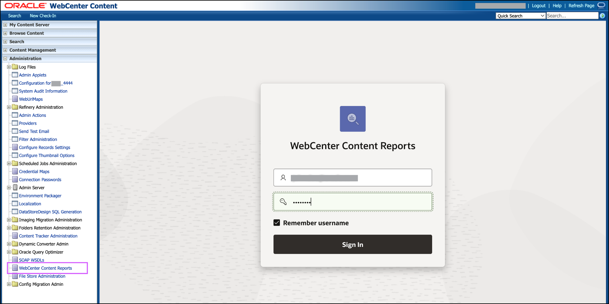 This image shows the WebCenter Content Report login page.