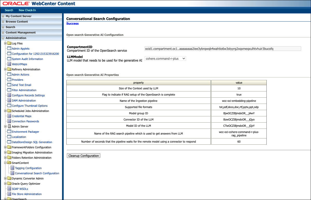 Page showing completed configuration