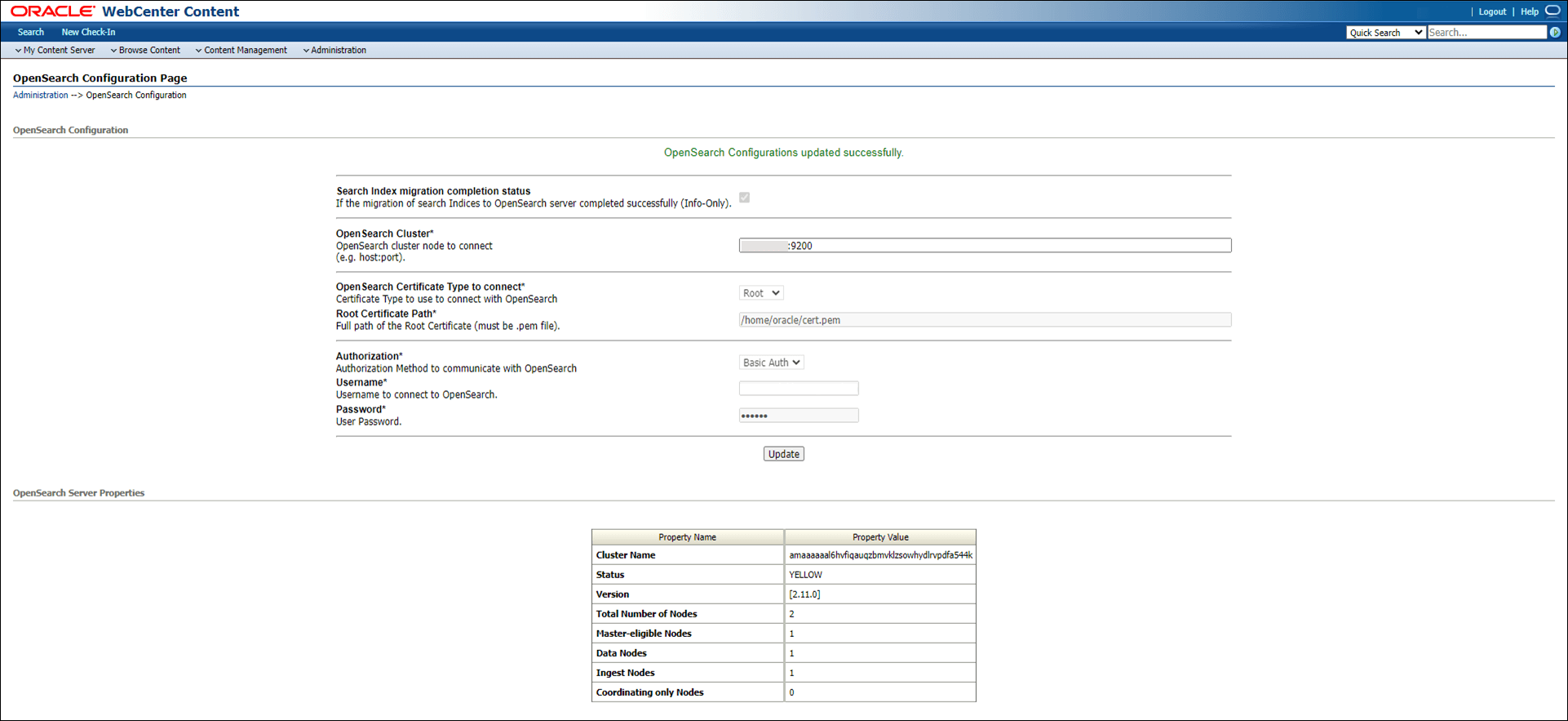 The image shows the OpenSearch Configuration Page when Basic Auth is used as the authorization.