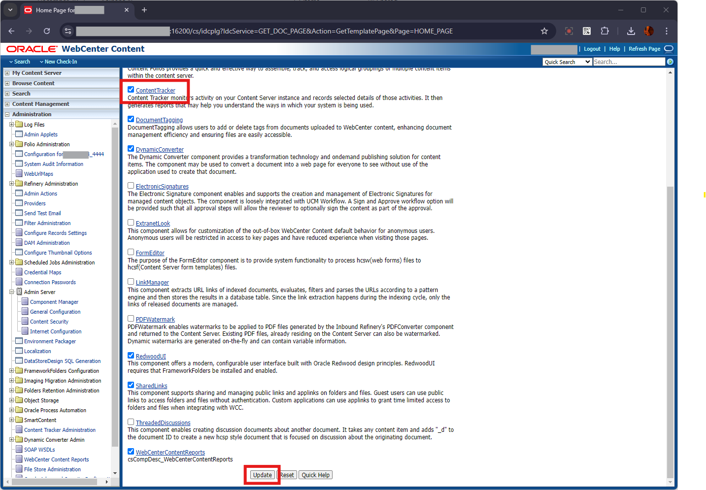 This image shows the WebCenter Content Component Manager Page.