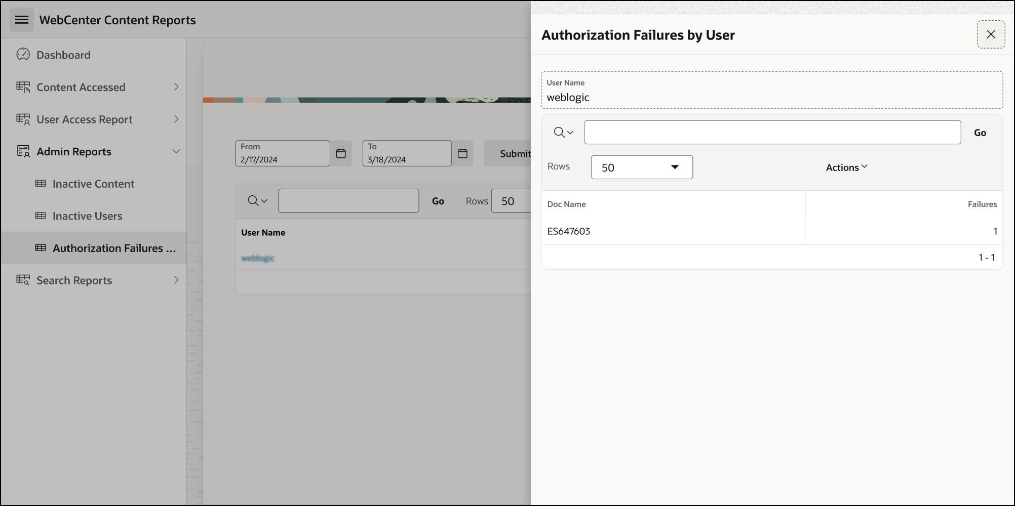 This image shows the Authorization Failures by User report.