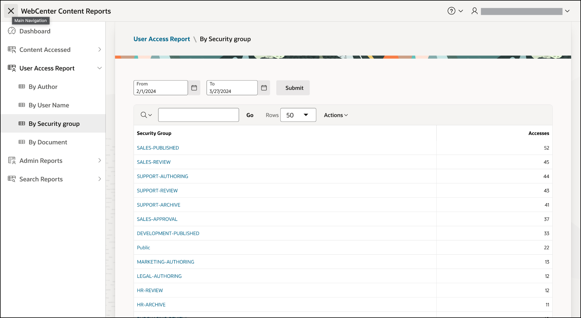 This image shows the User Access Report by security group report for WebCenter Content.