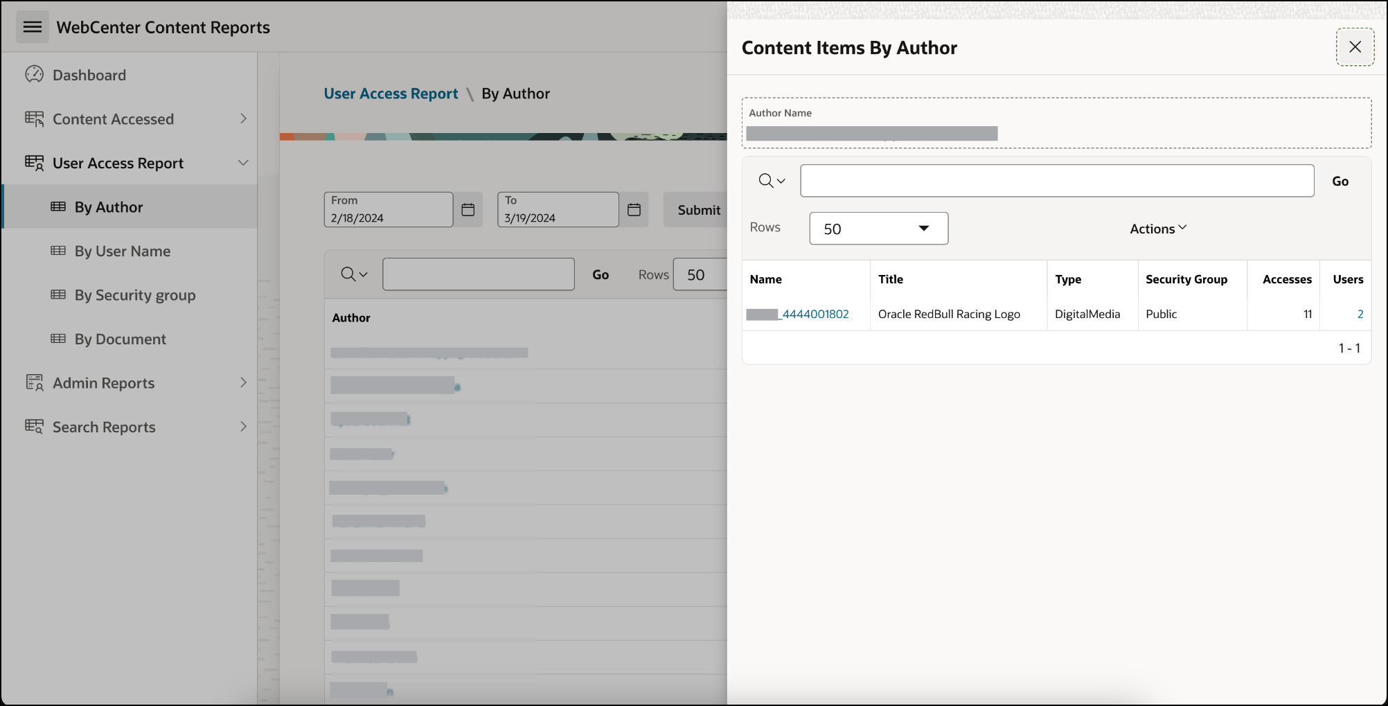 This image shows the Content items by author drawer opened using User Access Report by author report for WebCenter Content.