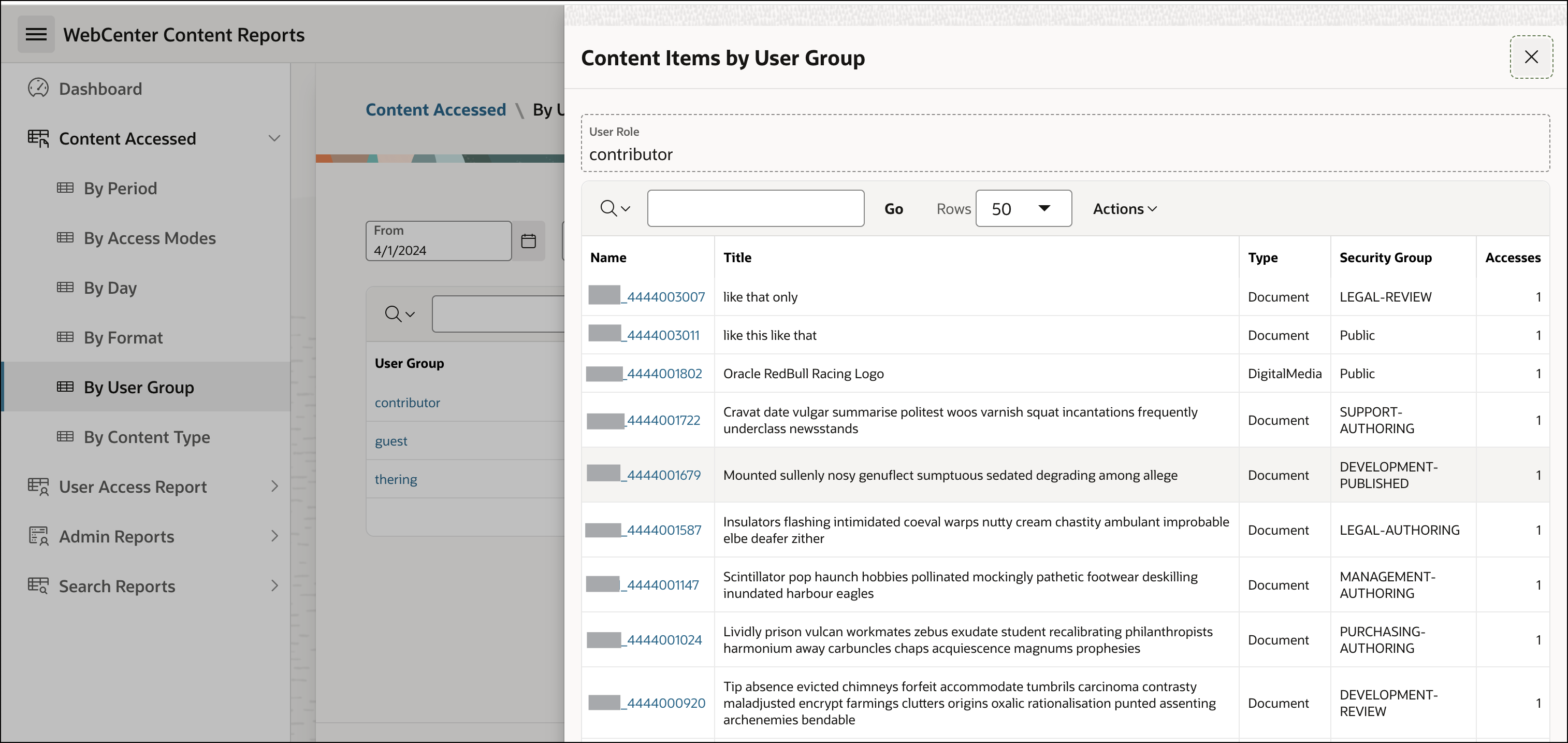 This image shows the Content items by user group drawer opened using Most accessed content by user group report for WebCenter Content.
