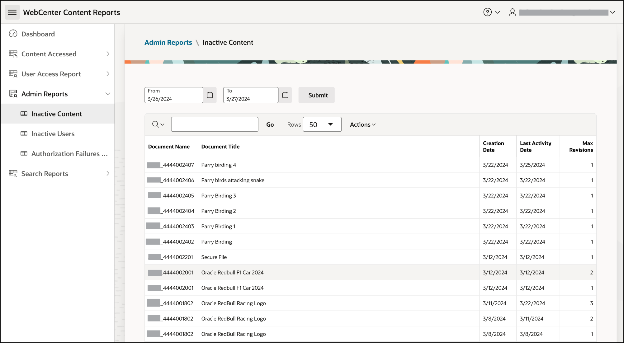 This image shows the Inactive content report.