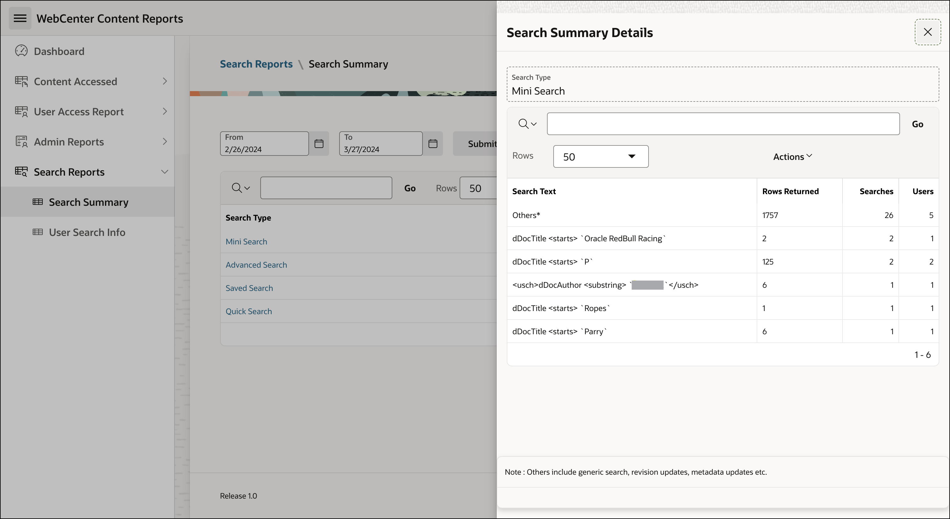 This image shows the Search summary details drawer opened using Search summary report for WebCenter Content.