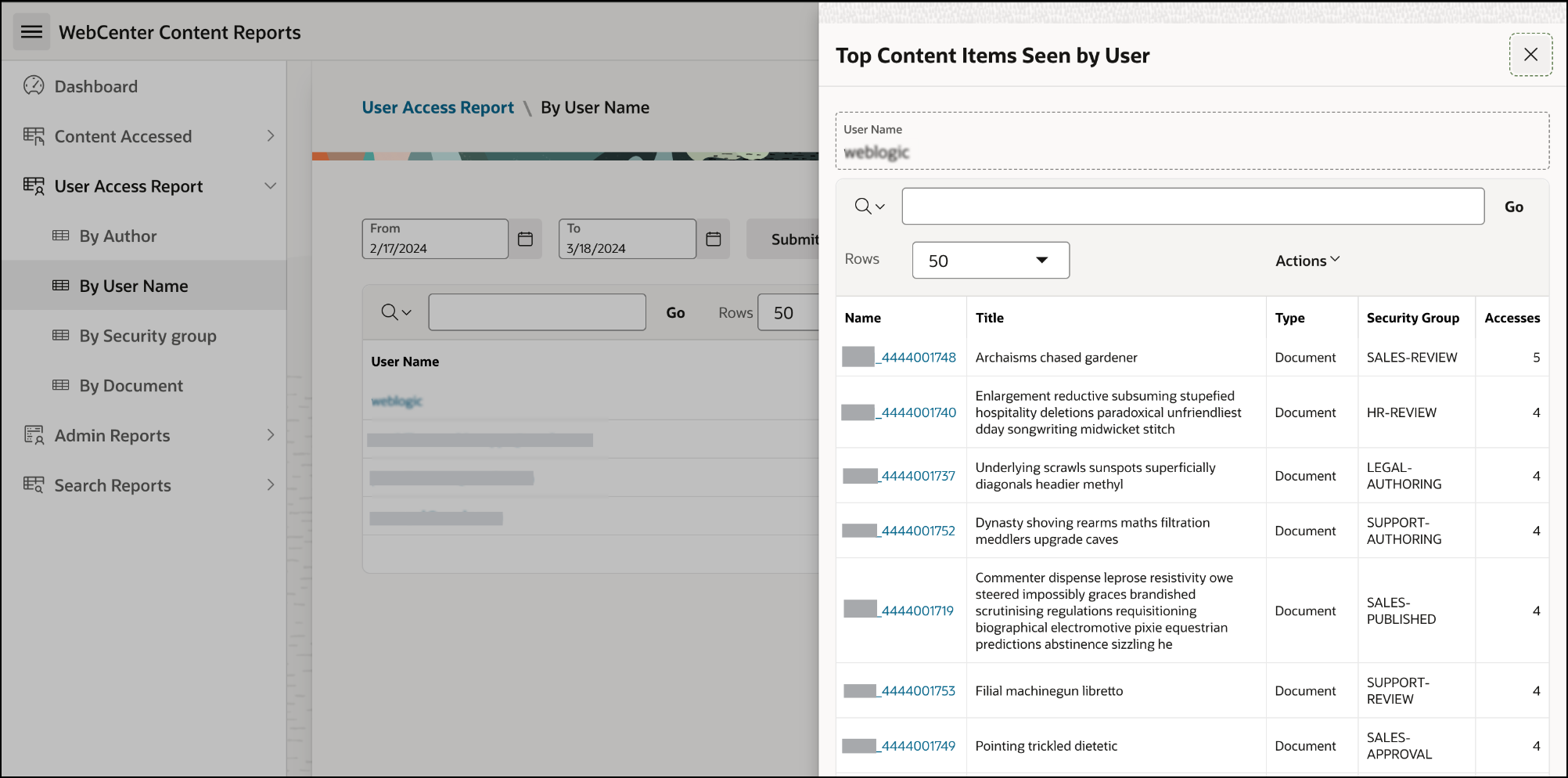 This image shows the Top Content items seen by user drawer opened using User Access Report by user name for WebCenter Content.