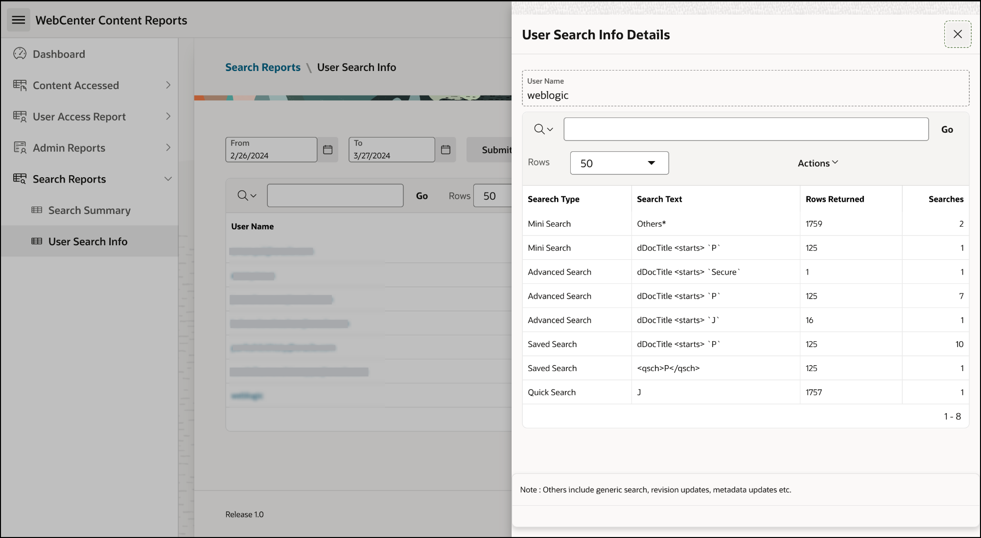 This image shows the User search info details drawer opened using User search info report for WebCenter Content.