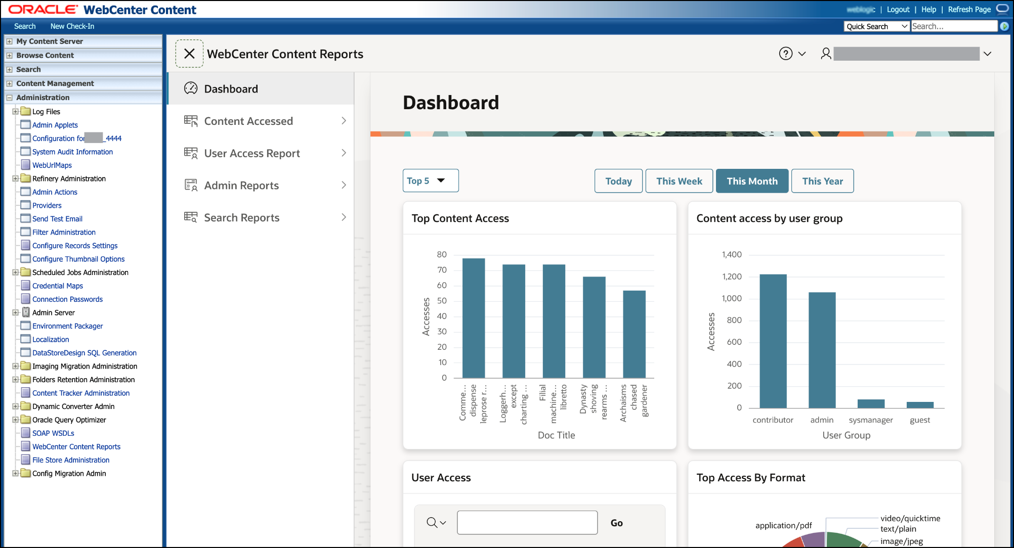 This image shows the WebCenter Content Report homepage with hamburger menu in expanded view.