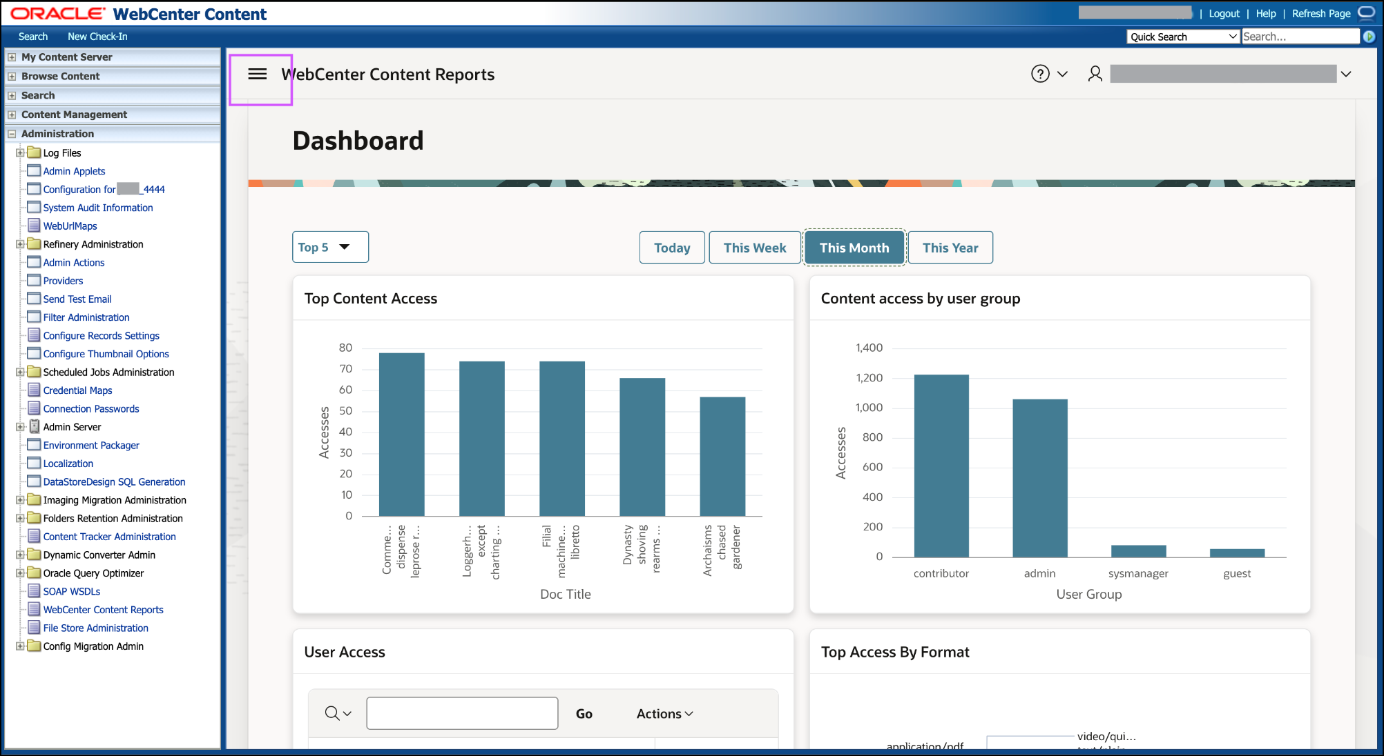This image shows the WebCenter Content Report homepage with hamburger menu.