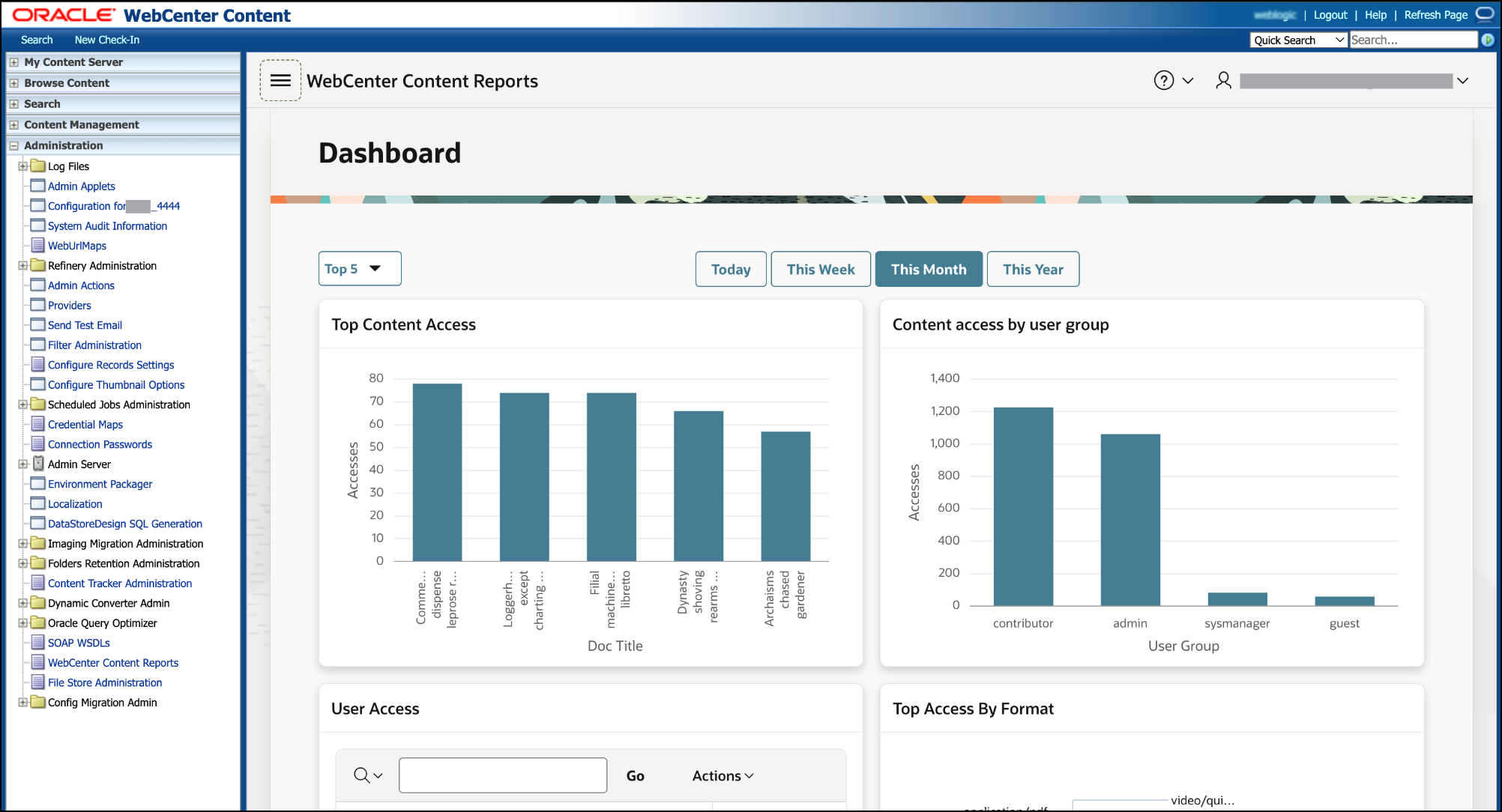 This image shows the WebCenter Content Report homepage.