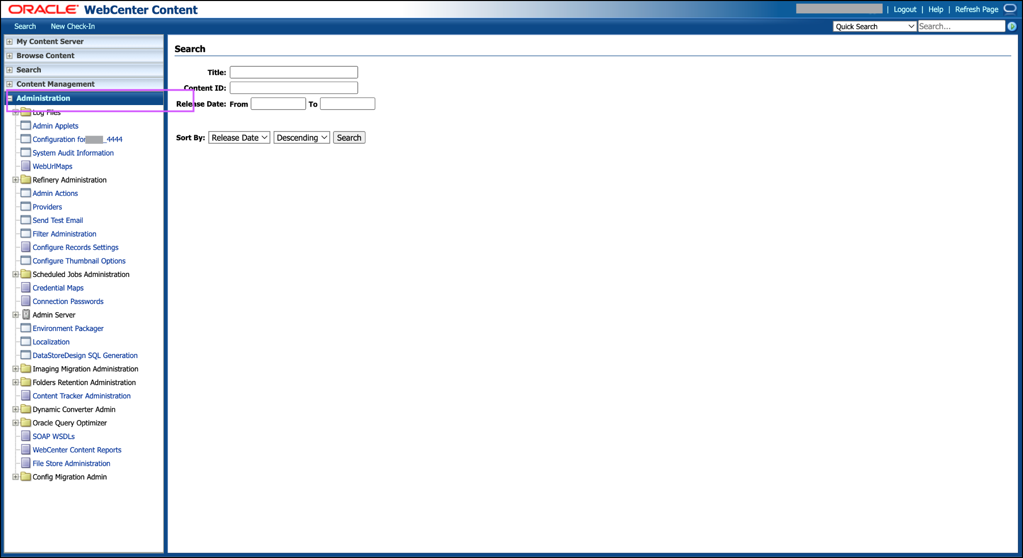 This image shows the WebCenter Content homepage.