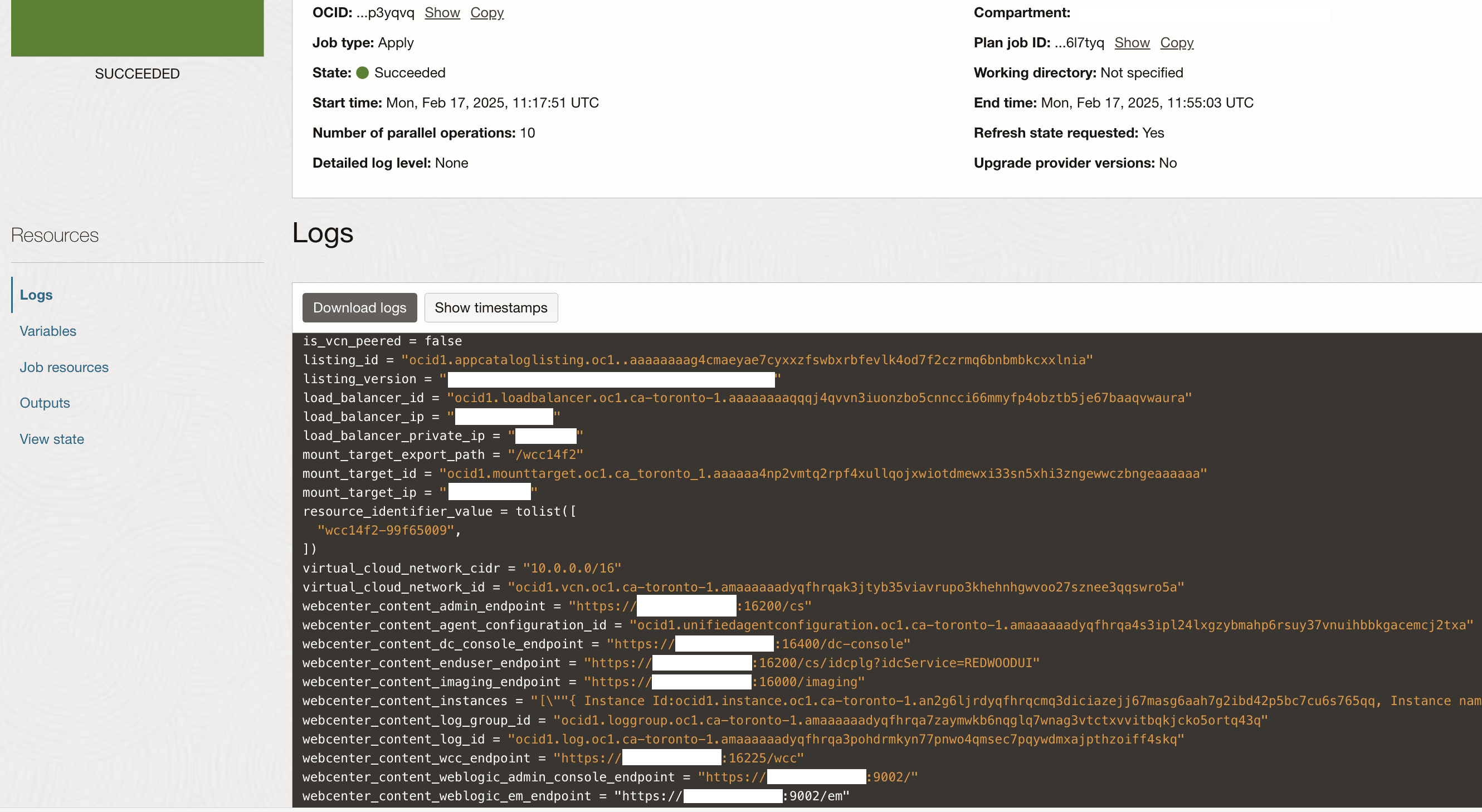 The image shows the page that is displayed after the provisioning has started. It shows details such as OCID, compartment, job type, state, and so on. A Logs section is also shown.