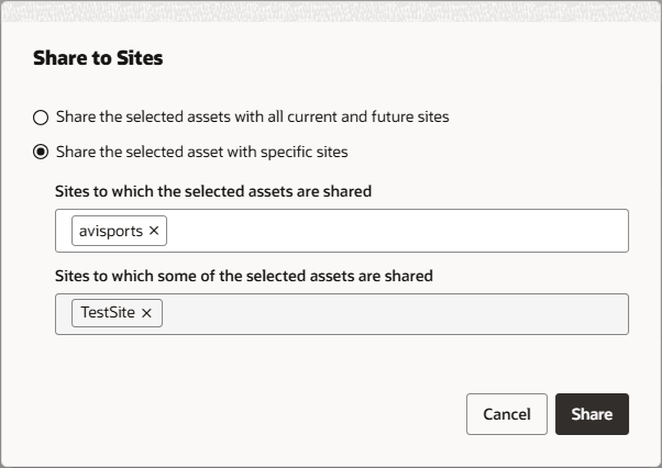 Redwood UI Share to Sites Dialog