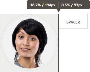Shows an image component next to a space component with the border between the two components selected. Above the two components is the snap-to ruler showing the alignment point for the component boundary and text boxes showing the size of each component in pixels and as a percentage of the overall slot width.