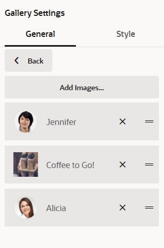Shows the Gallery Settings panel with image files. It also shows the Add Images button and the Back button to return to the general Gallery Settings panel.