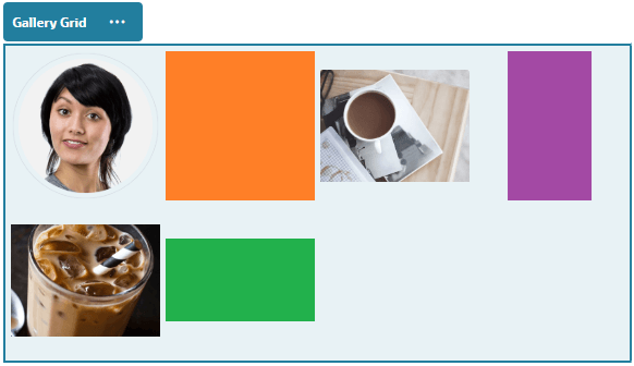 Shows an example of a gallery grid with fit selected as the scaling option. There are two rows of images of different heights and widths with each image scaled to fit the available space.